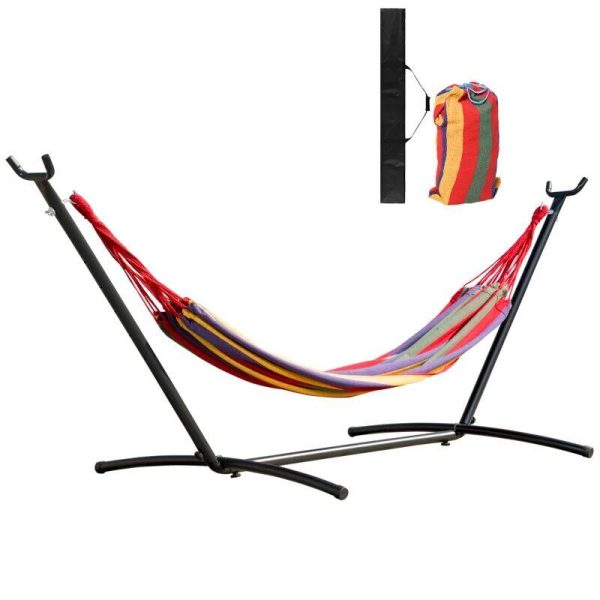 Hamac bumbac cu suport otel, husa, multicolor, dungi, 200×150 cm