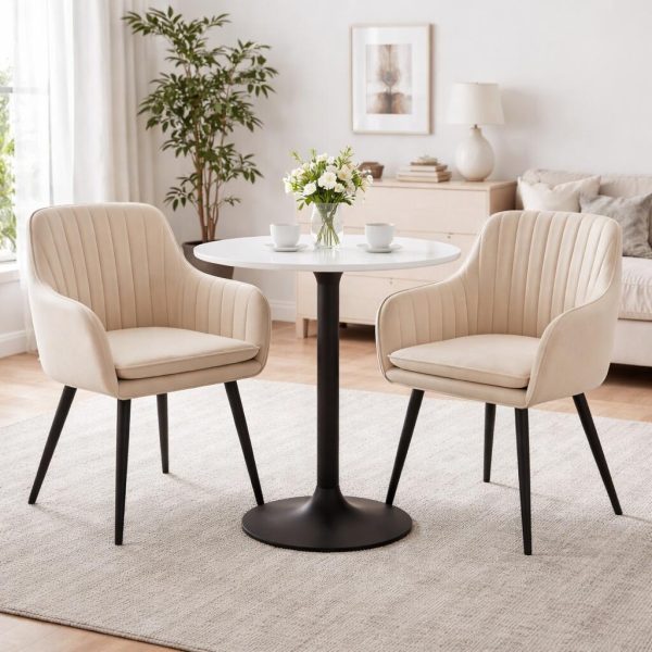 Scaun stil fotoliu bucatarie/living, Artool, Lugo, catifea bej, picioare metal negru, 57.5×56.5×86.5 cm