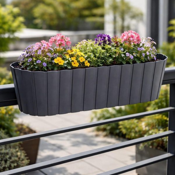 Set 4 jardiniere decorative cu suport de plastic, antracit, 4.9 L, 38.3×21.2×13 cm, Boardee Hook