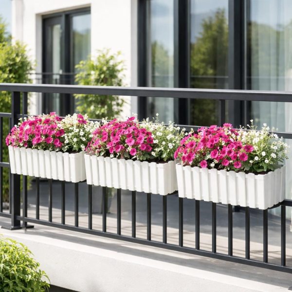 Set 2 jardiniere decorative cu suport metalic, sistem irigare,​​​​​​​ alb, 58x18x16.2 cm, Boardee Fencycase W