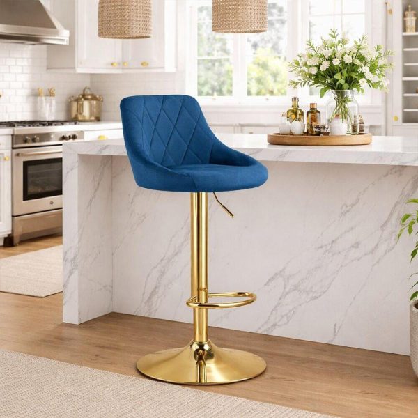 Set 2 scaune de bucatarie/bar, Artool, Kast, rotativ, catifea bleumarin, picior metal auriu, 45.5x49x85-105 cm