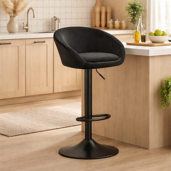 Set 2 scaune de bucatarie/bar, Artool, East, rotativ, catifea neagra, picior metal negru, 53x46x81-103 cm