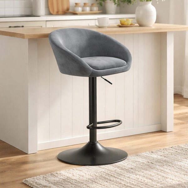 Set 2 scaune de bucatarie/bar, Artool, East, rotativ, catifea gri, picior metal negru, 53x46x81-103 cm