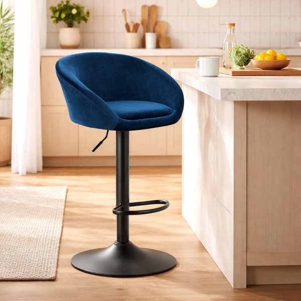 Set 2 scaune de bucatarie/bar, Artool, East, rotativ, catifea bleumarin, picior metal negru, 53x46x81-103 cm