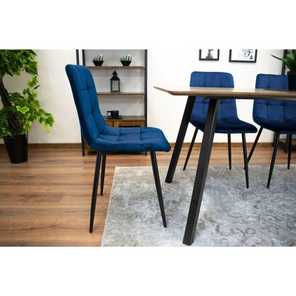 Set 4 scaune bucatarie/living, Artool, Kara, catifea bleumarin, picioare metal negru, 44.5×50.5×87 cm