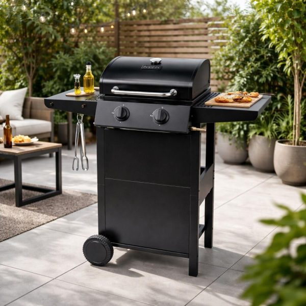 Gratar gradina, grill dreptunghiular, cu gaz, 2 arzatoare, cu roti, capac, rafturi, 96x50x100 cm, BBQ Andora