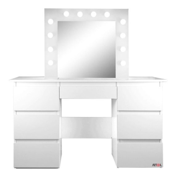 Masa de toaleta/machiaj + scaun Lars, alba, cu oglinda si LED-uri, Vanessa, 130x43x143 cm