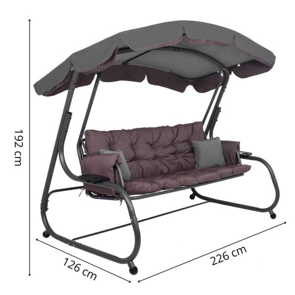 Balansoar gradina, Springos, 3 locuri, cu plasa insecte, gri si maro, 226x126x192 cm, functie pat, perne, max 260 kg, Diana