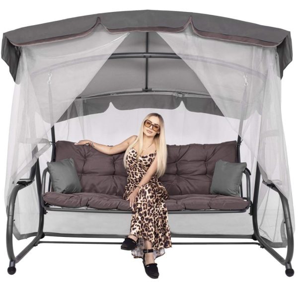 Balansoar gradina, Springos, 3 locuri, cu plasa insecte, gri si maro, 226x126x192 cm, functie pat, perne, max 260 kg, Diana