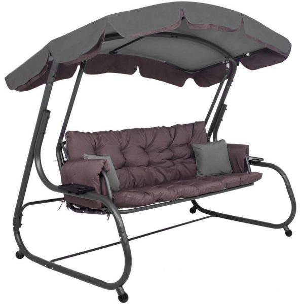 Balansoar gradina, Springos, 3 locuri, cu plasa insecte, gri si maro, 226x126x192 cm, functie pat, perne, max 260 kg, Diana