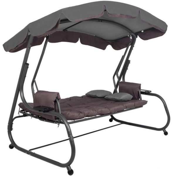 Balansoar gradina, Springos, 3 locuri, cu plasa insecte, gri si maro, 226x126x192 cm, functie pat, perne, max 260 kg, Diana