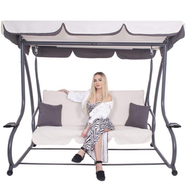 Balansoar gradina, Springos, 3 locuri, ecru si gri, 194x122x167-200 cm, functie pat, max 280 kg, Venetia