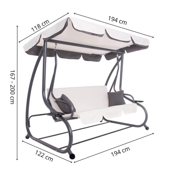 Balansoar gradina, Springos, 3 locuri, ecru si gri, 194x122x167-200 cm, functie pat, max 280 kg, Venetia