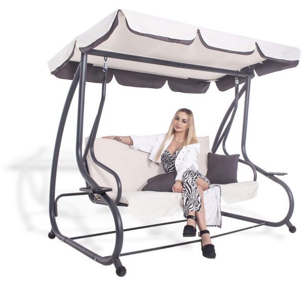 Balansoar gradina, Springos, 3 locuri, ecru si gri, 194x122x167-200 cm, functie pat, max 280 kg, Venetia