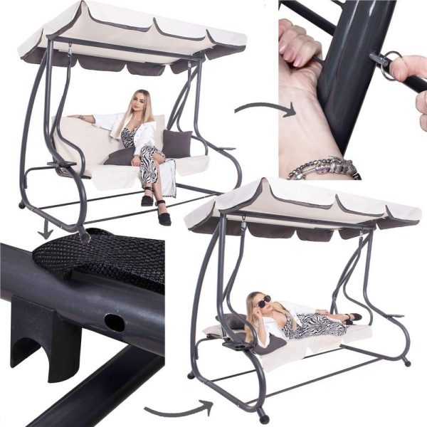 Balansoar gradina, Springos, 3 locuri, ecru si gri, 194x122x167-200 cm, functie pat, max 280 kg, Venetia