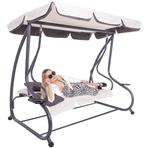 Balansoar gradina, Springos, 3 locuri, ecru si gri, 194x122x167-200 cm, functie pat, max 280 kg, Venetia