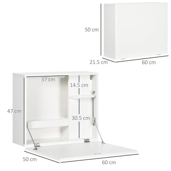 Birou de perete, suspendat, pliabil, MDF, cu raft, alb, max 40 kg, 60×21.5×50 cm