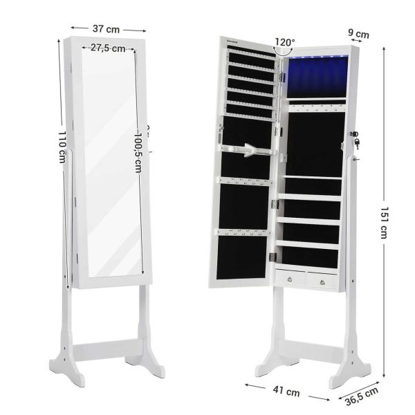 Cabinet bijuterii cu oglinda, Artool, MDF, raft interior, alb, 41x36x151 cm