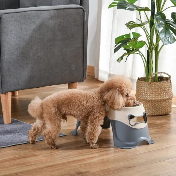 Castron, bol, pentru caine, dublu, suport inaltat, inox si plastic, gri si bej, 47x20x25 cm