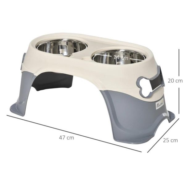 Castron, bol, pentru caine, dublu, suport inaltat, inox si plastic, gri si bej, 47x20x25 cm