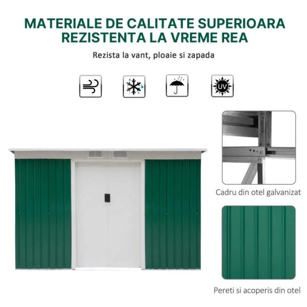 Casuta/magazie/sopron de gradina pentru depozitare unelte, otel, verde, 280x130x172 cm
