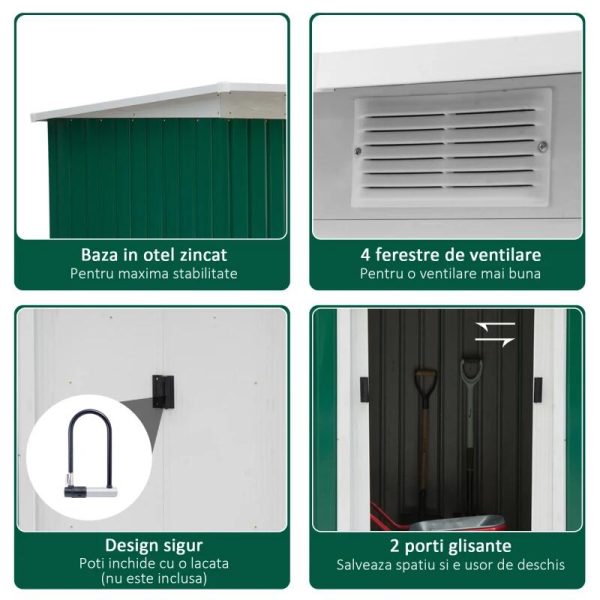 Casuta/magazie/sopron de gradina pentru depozitare unelte, otel, verde, 280x130x172 cm