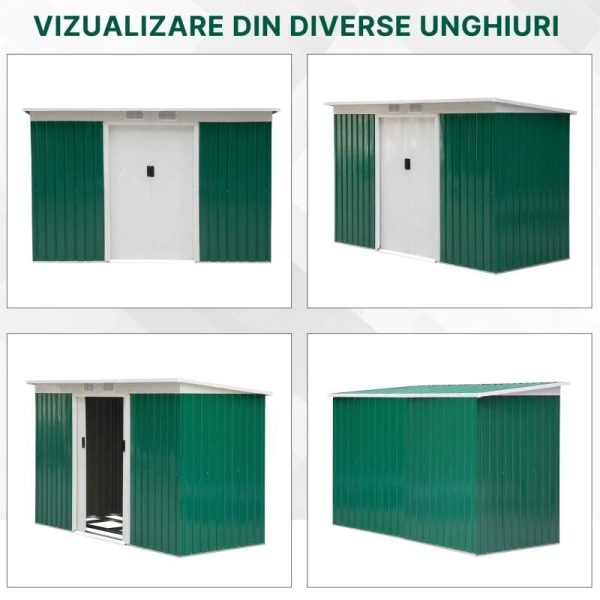 Casuta/magazie/sopron de gradina pentru depozitare unelte, otel, verde, 280x130x172 cm