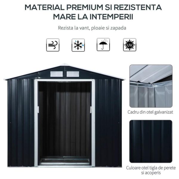 Casuta/magazie/sopron de gradina pentru depozitare unelte, cu structura baza inclusa, otel si PP, gri inchis, 213x130x185 cm