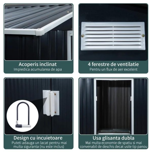 Casuta/magazie/sopron de gradina pentru depozitare unelte, cu structura baza inclusa, otel si PP, gri inchis, 213x130x185 cm