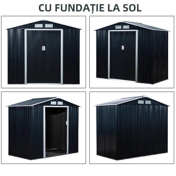 Casuta/magazie/sopron de gradina pentru depozitare unelte, cu structura baza inclusa, otel si PP, gri inchis, 213x130x185 cm