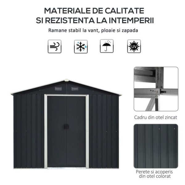 Casuta/magazie/sopron de gradina pentru depozitare unelte, otel si PP, negru, 236x174x190 cm