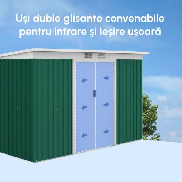 Casuta/magazie/sopron de gradina pentru depozitare unelte, otel, verde, 280x130x172 cm