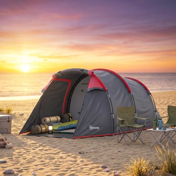 Cort camping, 2 persoane, impermeabil, tip tunel, cu vestibul, geanta, gri, 426x206x154 cm