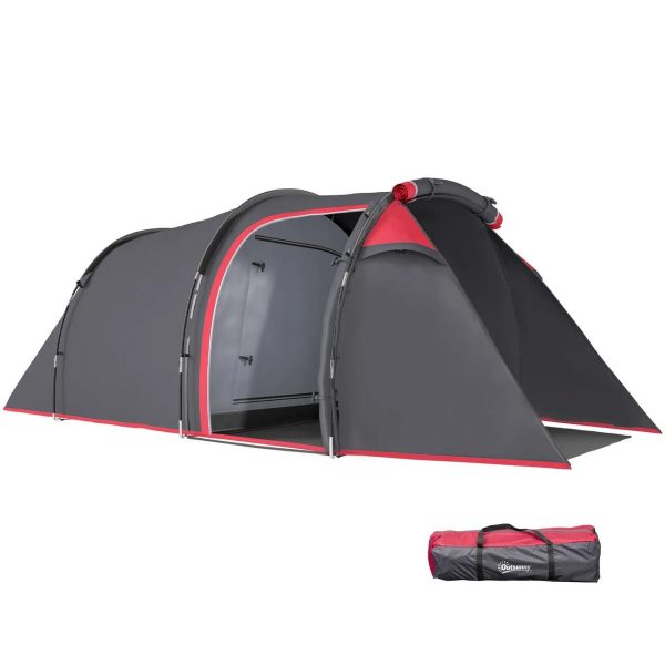 Cort camping, 2 persoane, impermeabil, tip tunel, cu vestibul, geanta, gri, 426x206x154 cm