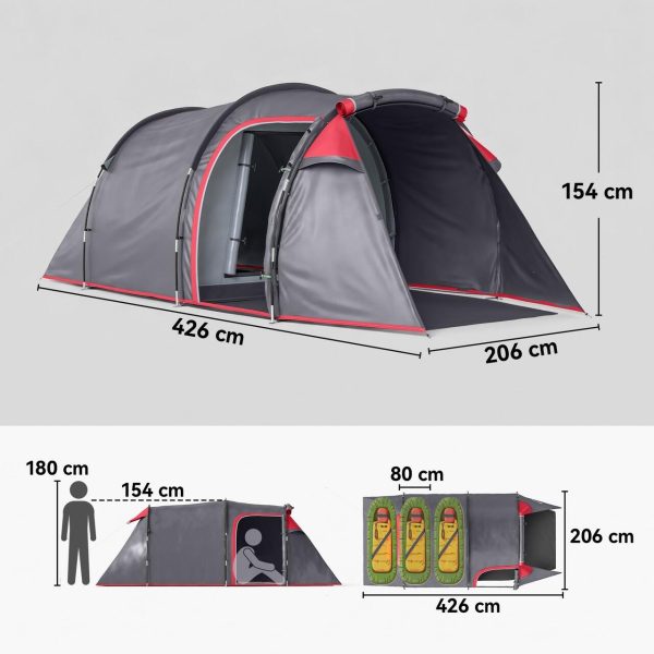 Cort camping, 2 persoane, impermeabil, tip tunel, cu vestibul, geanta, gri, 426x206x154 cm