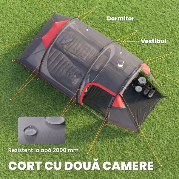 Cort camping, 2 persoane, impermeabil, tip tunel, cu vestibul, geanta, gri, 426x206x154 cm