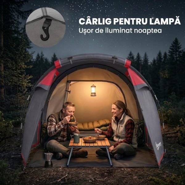 Cort camping, 2 persoane, impermeabil, tip tunel, cu vestibul, geanta, gri, 426x206x154 cm