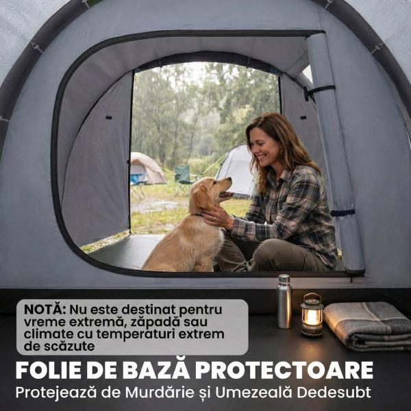 Cort camping, 2 persoane, impermeabil, tip tunel, cu vestibul, geanta, gri, 426x206x154 cm