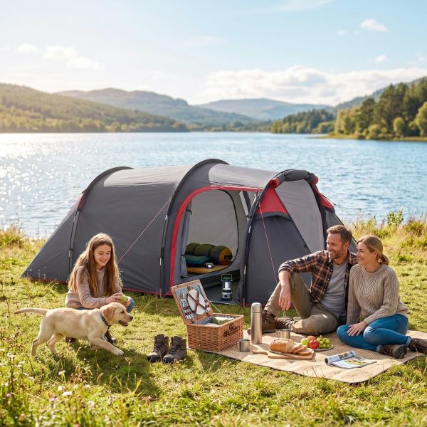 Cort camping, 2 persoane, impermeabil, tip tunel, cu vestibul, geanta, gri, 426x206x154 cm