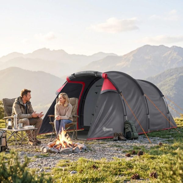 Cort camping, 2 persoane, impermeabil, tip tunel, cu vestibul, geanta, gri, 426x206x154 cm