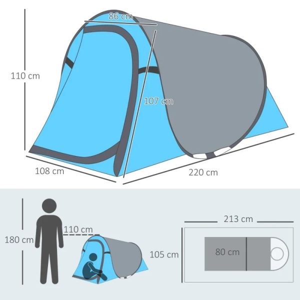 Cort camping, 2 persoane, impermeabil, tip igloo, cu husa, albastru deschis, 220x108x110 cm