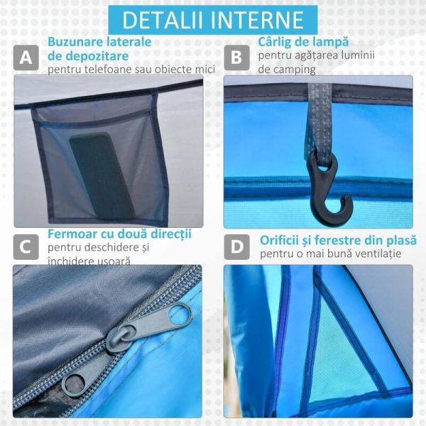 Cort camping, 2 persoane, impermeabil, tip igloo, cu husa, albastru deschis, 220x108x110 cm