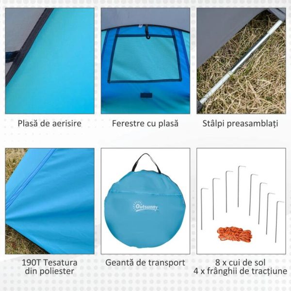 Cort camping, 2 persoane, impermeabil, tip igloo, cu husa, albastru deschis, 220x108x110 cm