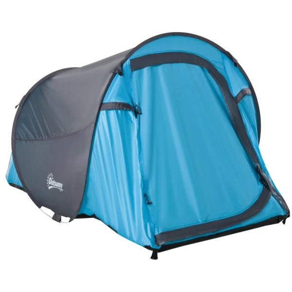 Cort camping, 2 persoane, impermeabil, tip igloo, cu husa, albastru deschis, 220x108x110 cm