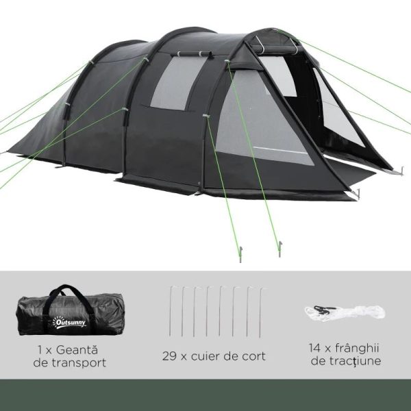 Cort camping, 3-4 persoane, impermeabil, cu vestibul, negru, 475x264x172 cm