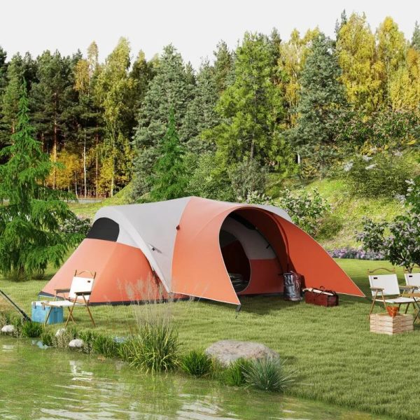 Cort camping, 5-6 persoane, impermeabil, cu copertina, ferestre, geanta, portocaliu, 550x300x198 cm