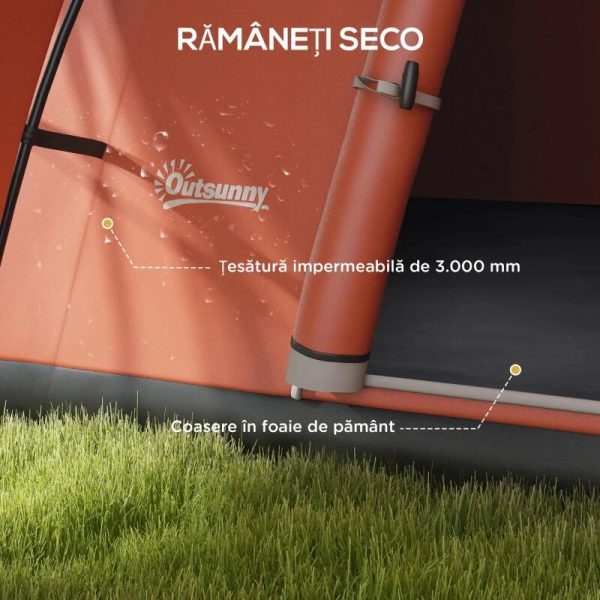 Cort camping, 5-6 persoane, impermeabil, cu copertina, ferestre, geanta, portocaliu, 550x300x198 cm
