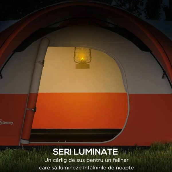Cort camping, 5-6 persoane, impermeabil, cu copertina, ferestre, geanta, portocaliu, 550x300x198 cm