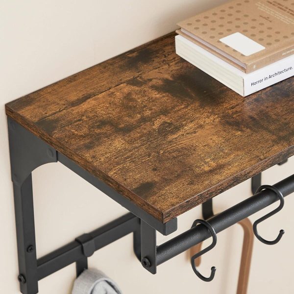Cuier de perete cu raft, Artool, 8 carlige, otel, pal, negru si maro rustic, 40x24x24 cm
