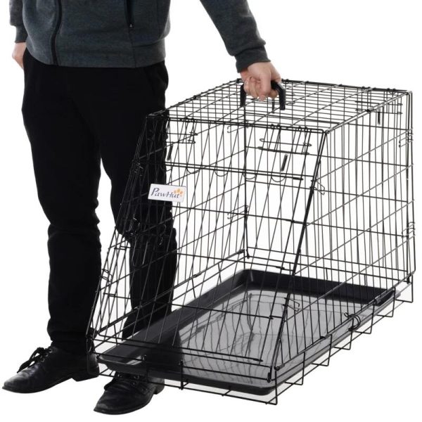 Cusca pentru caine, metal, plastic, cu maner transport, pliabila, negru, 48x76x55 cm